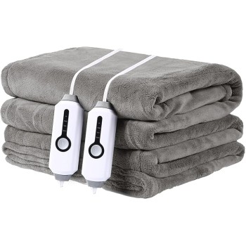 Electric Heating Blanket Queen Size 84"x90", Coral Fleece Dual Controllers with 4 Heating Levels & 10H Auto Off, FCC & ETL Certified, Safe & Comfortable, Machine Washable - Light Grey