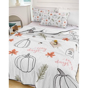 Thanksgiving Autumn Pumpkin Queen Size Down Alternative Comforter, Lightweight Comforter Quilt Bedding Set with Pillow Shams, Boho Line Maple Leaf Coffee All Seasons Bed Comforter Duvet Insert 90"x96"