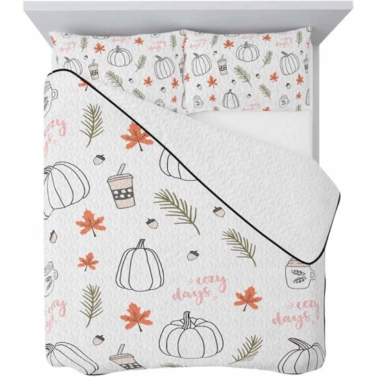Thanksgiving Autumn Pumpkin Queen Size Down Alternative Comforter, Lightweight Comforter Quilt Bedding Set with Pillow Shams, Boho Line Maple Leaf Coffee All Seasons Bed Comforter Duvet Insert 90"x96"