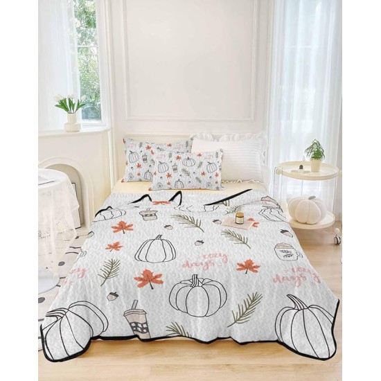 Thanksgiving Autumn Pumpkin Queen Size Down Alternative Comforter, Lightweight Comforter Quilt Bedding Set with Pillow Shams, Boho Line Maple Leaf Coffee All Seasons Bed Comforter Duvet Insert 90"x96"