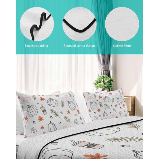 Thanksgiving Autumn Pumpkin Queen Size Down Alternative Comforter, Lightweight Comforter Quilt Bedding Set with Pillow Shams, Boho Line Maple Leaf Coffee All Seasons Bed Comforter Duvet Insert 90"x96"