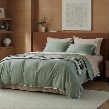 Double Stitch Cotton Tencel Duvet Cover - Queen Size Comforter Cover, Luxury & Soft Eucalyptus Lyocell Bedding Set for Hot Sleepers, Cooling & Breathable, Button Closure, Sage Green Contrast, 90"x90"