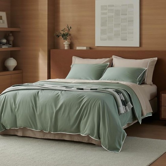 Double Stitch Cotton Tencel Duvet Cover - Queen Size Comforter Cover, Luxury & Soft Eucalyptus Lyocell Bedding Set for Hot Sleepers, Cooling & Breathable, Button Closure, Sage Green Contrast, 90"x90"