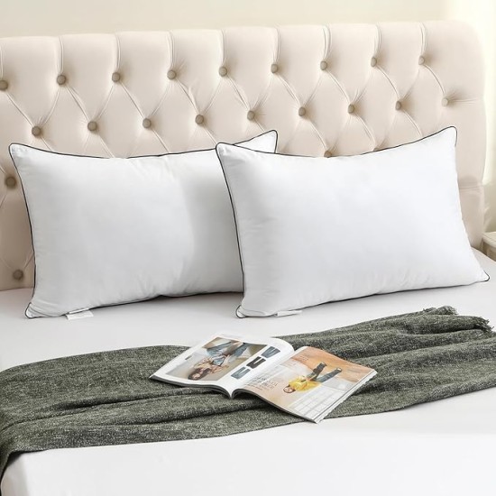 Luxury Goose Feather Down Pillow Standard Size, Hotel Collection Bed Pillows for Sleeping, Soft Support Fluffy Medium Firm Pillows for Back Side Stomach Sleepers 20" x 26"