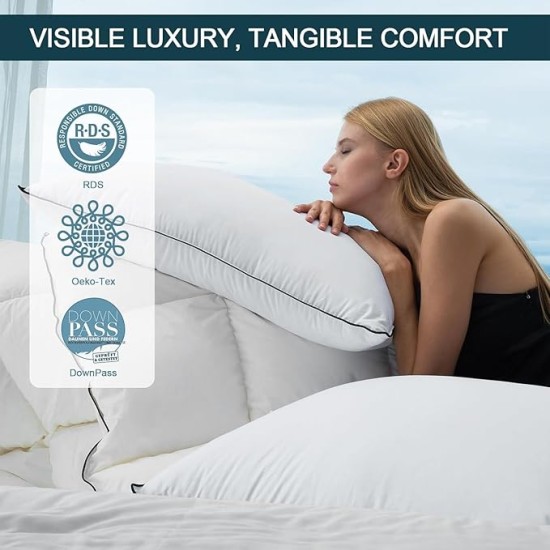 Luxury Goose Feather Down Pillow Standard Size, Hotel Collection Bed Pillows for Sleeping, Soft Support Fluffy Medium Firm Pillows for Back Side Stomach Sleepers 20" x 26"