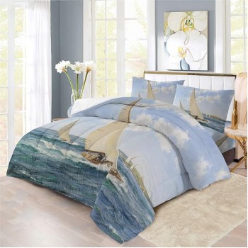 Vintage Sailboat Comforter Set 3PCS Classic Sailing Sailboat Voyage Bedding Duvet Set,includ 1 Comforter +2 Pillowshams (B,FULL-Comforter-3PCS)