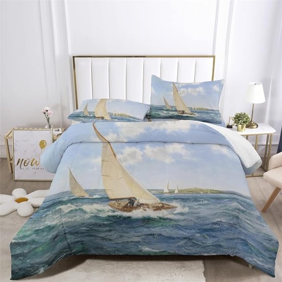 Vintage Sailboat Comforter Set 3PCS Classic Sailing Sailboat Voyage Bedding Duvet Set,includ 1 Comforter +2 Pillowshams (B,FULL-Comforter-3PCS)