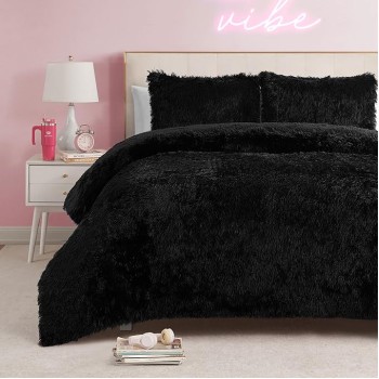 Shaggy Faux Fur Black Full/Queen Comforter Set - Soft and Cozy 3-Piece Machine Washable Bedding Comforter and Sham Set