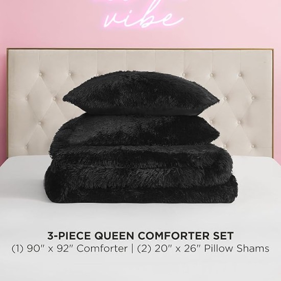 Shaggy Faux Fur Black Full/Queen Comforter Set - Soft and Cozy 3-Piece Machine Washable Bedding Comforter and Sham Set