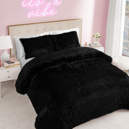 Shaggy Faux Fur Black Full/Queen Comforter Set - Soft and Cozy 3-Piece Machine Washable Bedding Comforter and Sham Set