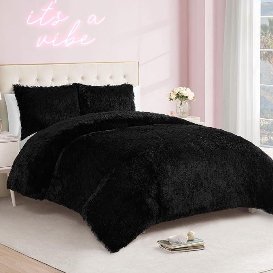 Shaggy Faux Fur Black Full/Queen Comforter Set - Soft and Cozy 3-Piece Machine Washable Bedding Comforter and Sham Set