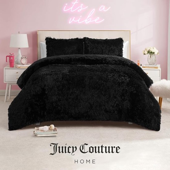 Shaggy Faux Fur Black Full/Queen Comforter Set - Soft and Cozy 3-Piece Machine Washable Bedding Comforter and Sham Set