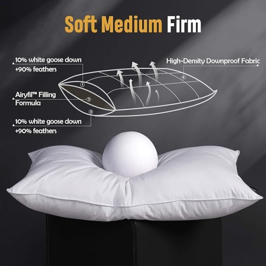 Luxury Goose Feather Down Pillow King Size Set of 2 Pack,100% Cotton Hotel Collection Bed Pillows for Sleeping,Memory Foam Soft Support Medium Firm Pillows for Side Back Stomach Sleepers 20" x 36"