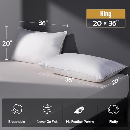Luxury Goose Feather Down Pillow King Size Set of 2 Pack,100% Cotton Hotel Collection Bed Pillows for Sleeping,Memory Foam Soft Support Medium Firm Pillows for Side Back Stomach Sleepers 20" x 36"