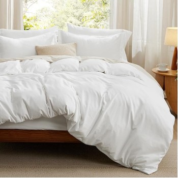 White Duvet Cover Queen Size - Soft Prewashed Queen Duvet Cover Set with Fitted Sheet, 6 Pieces, Includes 1 Duvet Cover 90x90 Inches, 2 Pillow Shams, 2 Pillowcases, 1 Fitted Sheet
