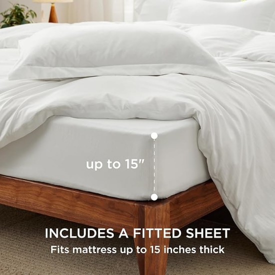 White Duvet Cover Queen Size - Soft Prewashed Queen Duvet Cover Set with Fitted Sheet, 6 Pieces, Includes 1 Duvet Cover 90x90 Inches, 2 Pillow Shams, 2 Pillowcases, 1 Fitted Sheet