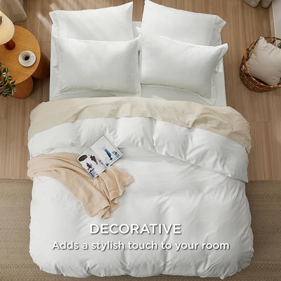 White Duvet Cover Queen Size - Soft Prewashed Queen Duvet Cover Set with Fitted Sheet, 6 Pieces, Includes 1 Duvet Cover 90x90 Inches, 2 Pillow Shams, 2 Pillowcases, 1 Fitted Sheet