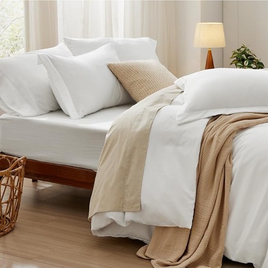 White Duvet Cover Queen Size - Soft Prewashed Queen Duvet Cover Set with Fitted Sheet, 6 Pieces, Includes 1 Duvet Cover 90x90 Inches, 2 Pillow Shams, 2 Pillowcases, 1 Fitted Sheet