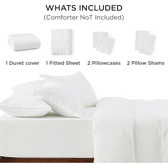 White Duvet Cover Queen Size - Soft Prewashed Queen Duvet Cover Set with Fitted Sheet, 6 Pieces, Includes 1 Duvet Cover 90x90 Inches, 2 Pillow Shams, 2 Pillowcases, 1 Fitted Sheet