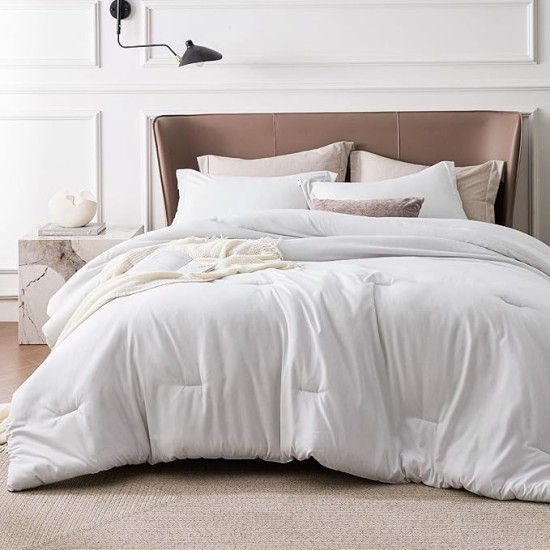 Super King Comforter Set - Grayish White Super King Size Comforter Set, Soft Bedding for All Seasons, Cationic Dyed Bedding Set, 3 Pieces, 1 Comforter (120"x120") and 2 Pillow Shams