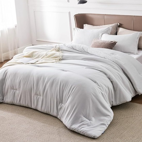 Super King Comforter Set - Grayish White Super King Size Comforter Set, Soft Bedding for All Seasons, Cationic Dyed Bedding Set, 3 Pieces, 1 Comforter (120"x120") and 2 Pillow Shams