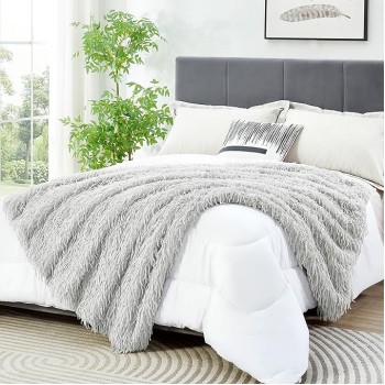 Decorative Oversized Plush Fluffy Feather Faux Fur Throw Blanket 60" x 71",Extra Soft Long Shaggy Fuzzy Blanket, Double Sided Warm Elegant Furry Blanket for Gift Wedding Bed, Twin Size, Grey