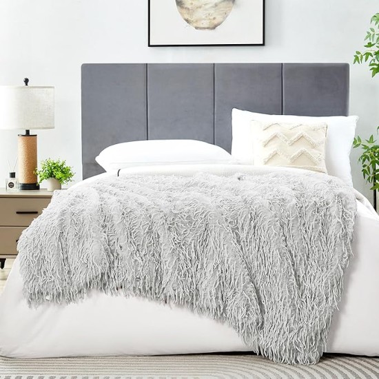 Decorative Oversized Plush Fluffy Feather Faux Fur Throw Blanket 60" x 71",Extra Soft Long Shaggy Fuzzy Blanket, Double Sided Warm Elegant Furry Blanket for Gift Wedding Bed, Twin Size, Grey