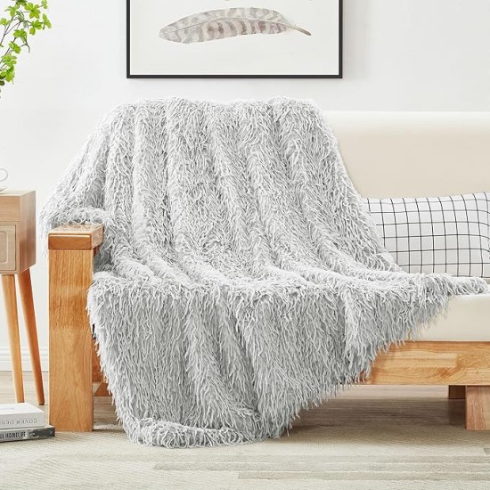 Decorative Oversized Plush Fluffy Feather Faux Fur Throw Blanket 60" x 71",Extra Soft Long Shaggy Fuzzy Blanket, Double Sided Warm Elegant Furry Blanket for Gift Wedding Bed, Twin Size, Grey