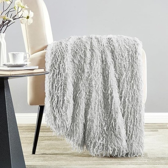 Decorative Oversized Plush Fluffy Feather Faux Fur Throw Blanket 60" x 71",Extra Soft Long Shaggy Fuzzy Blanket, Double Sided Warm Elegant Furry Blanket for Gift Wedding Bed, Twin Size, Grey