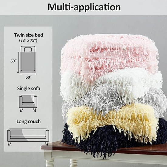 Decorative Oversized Plush Fluffy Feather Faux Fur Throw Blanket 60" x 71",Extra Soft Long Shaggy Fuzzy Blanket, Double Sided Warm Elegant Furry Blanket for Gift Wedding Bed, Twin Size, Grey