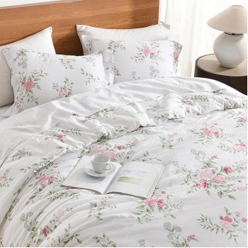 Cotton Comforter Set Queen Size, Queen Comforter Bedding Set, Floral Botanical Fluffy Quilted All-Season Luxury Soft Comforter Bed Set, Duvets and Down Alternative, 3pcs, White/Pink