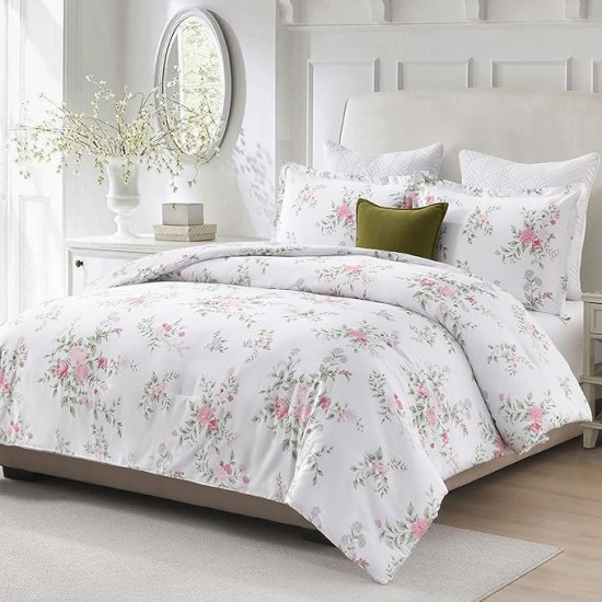 Cotton Comforter Set Queen Size, Queen Comforter Bedding Set, Floral Botanical Fluffy Quilted All-Season Luxury Soft Comforter Bed Set, Duvets and Down Alternative, 3pcs, White/Pink