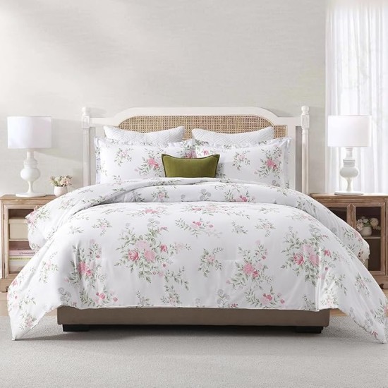 Cotton Comforter Set Queen Size, Queen Comforter Bedding Set, Floral Botanical Fluffy Quilted All-Season Luxury Soft Comforter Bed Set, Duvets and Down Alternative, 3pcs, White/Pink