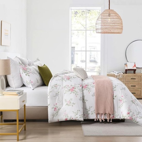 Cotton Comforter Set Queen Size, Queen Comforter Bedding Set, Floral Botanical Fluffy Quilted All-Season Luxury Soft Comforter Bed Set, Duvets and Down Alternative, 3pcs, White/Pink
