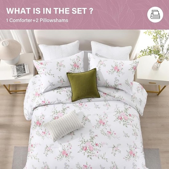 Cotton Comforter Set Queen Size, Queen Comforter Bedding Set, Floral Botanical Fluffy Quilted All-Season Luxury Soft Comforter Bed Set, Duvets and Down Alternative, 3pcs, White/Pink