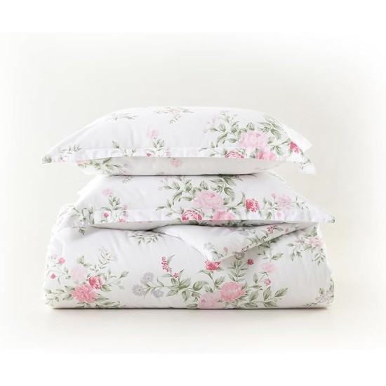 Cotton Comforter Set Queen Size, Queen Comforter Bedding Set, Floral Botanical Fluffy Quilted All-Season Luxury Soft Comforter Bed Set, Duvets and Down Alternative, 3pcs, White/Pink