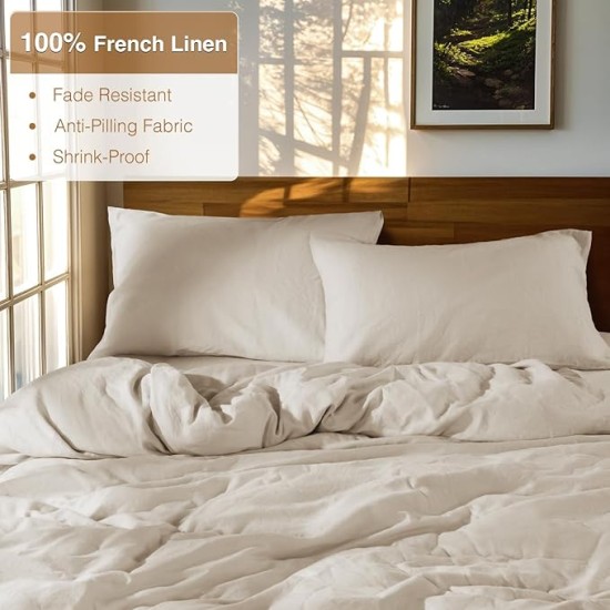 100% French Linen Duvet Cover King Size, Soft Breathable for Hot Sleepers, Moisture Wicking & Durable Cover Set - Zipper Closure & 8 Corner Ties Duvet Covers 3 Piece (Linen,King)