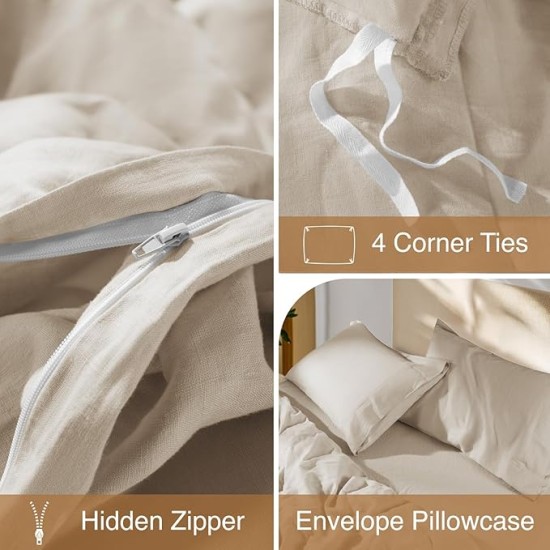 100% French Linen Duvet Cover King Size, Soft Breathable for Hot Sleepers, Moisture Wicking & Durable Cover Set - Zipper Closure & 8 Corner Ties Duvet Covers 3 Piece (Linen,King)