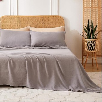 Queen Sheet Set 100% Cotton Bed Sheets 2 Layer Gauze 4 Pcs Gray Queen Sheets Set - 16" Deep Pocket Sheet & Pillowcase Sets Boho Muslin Queen Sheets Soft Queen Bedding Sets for All Season