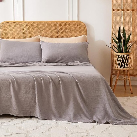 Queen Sheet Set 100% Cotton Bed Sheets 2 Layer Gauze 4 Pcs Gray Queen Sheets Set - 16" Deep Pocket Sheet & Pillowcase Sets Boho Muslin Queen Sheets Soft Queen Bedding Sets for All Season