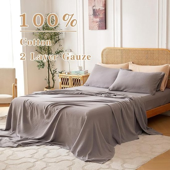 Queen Sheet Set 100% Cotton Bed Sheets 2 Layer Gauze 4 Pcs Gray Queen Sheets Set - 16" Deep Pocket Sheet & Pillowcase Sets Boho Muslin Queen Sheets Soft Queen Bedding Sets for All Season
