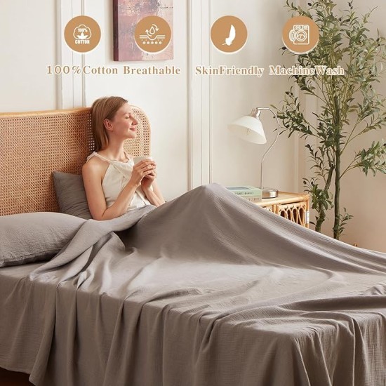 Queen Sheet Set 100% Cotton Bed Sheets 2 Layer Gauze 4 Pcs Gray Queen Sheets Set - 16" Deep Pocket Sheet & Pillowcase Sets Boho Muslin Queen Sheets Soft Queen Bedding Sets for All Season