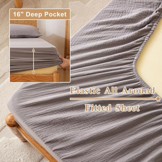 Queen Sheet Set 100% Cotton Bed Sheets 2 Layer Gauze 4 Pcs Gray Queen Sheets Set - 16" Deep Pocket Sheet & Pillowcase Sets Boho Muslin Queen Sheets Soft Queen Bedding Sets for All Season