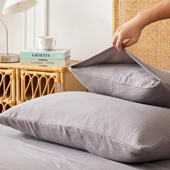 Queen Sheet Set 100% Cotton Bed Sheets 2 Layer Gauze 4 Pcs Gray Queen Sheets Set - 16" Deep Pocket Sheet & Pillowcase Sets Boho Muslin Queen Sheets Soft Queen Bedding Sets for All Season