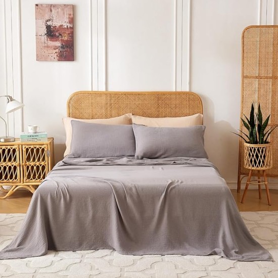 Queen Sheet Set 100% Cotton Bed Sheets 2 Layer Gauze 4 Pcs Gray Queen Sheets Set - 16" Deep Pocket Sheet & Pillowcase Sets Boho Muslin Queen Sheets Soft Queen Bedding Sets for All Season