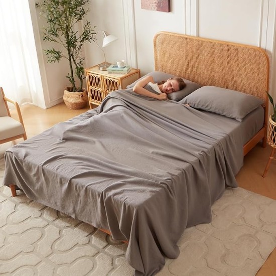 Queen Sheet Set 100% Cotton Bed Sheets 2 Layer Gauze 4 Pcs Gray Queen Sheets Set - 16" Deep Pocket Sheet & Pillowcase Sets Boho Muslin Queen Sheets Soft Queen Bedding Sets for All Season