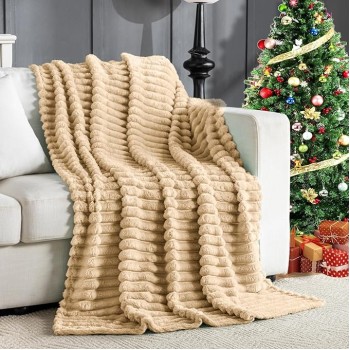 Wider Striped 380gsm Thick Khaki Throw Blanket for Couch Super Soft Cozy Blankets for Women Fuzzy Fleece White Blanket for Bed Sofa 50x60