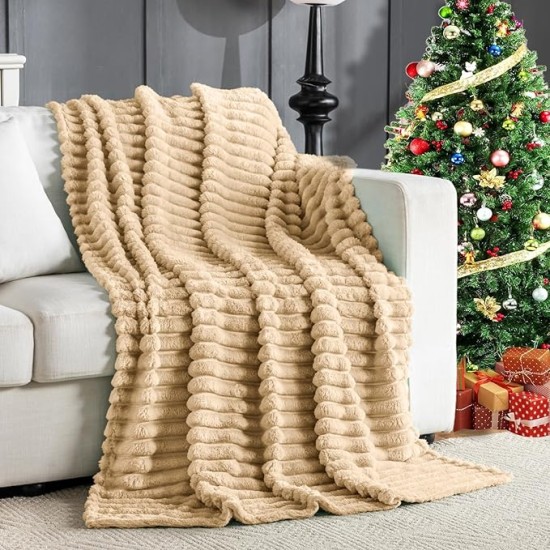 Wider Striped 380gsm Thick Khaki Throw Blanket for Couch Super Soft Cozy Blankets for Women Fuzzy Fleece White Blanket for Bed Sofa 50x60