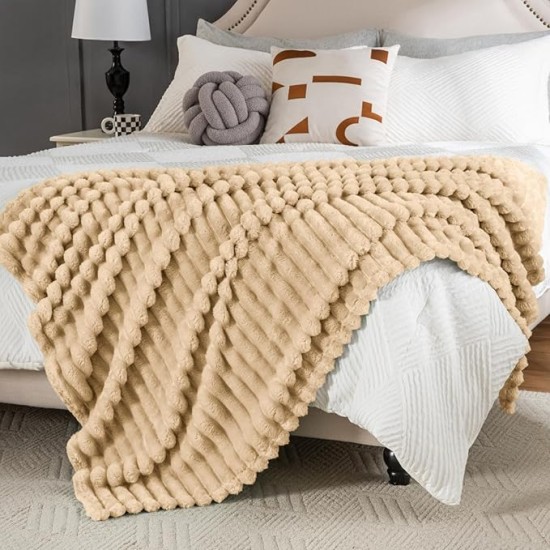 Wider Striped 380gsm Thick Khaki Throw Blanket for Couch Super Soft Cozy Blankets for Women Fuzzy Fleece White Blanket for Bed Sofa 50x60