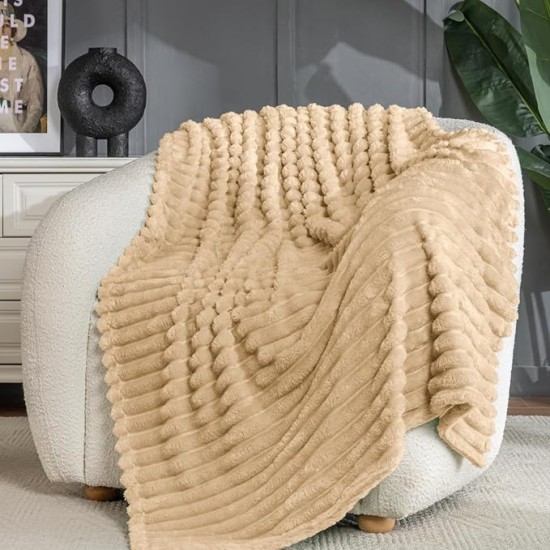 Wider Striped 380gsm Thick Khaki Throw Blanket for Couch Super Soft Cozy Blankets for Women Fuzzy Fleece White Blanket for Bed Sofa 50x60